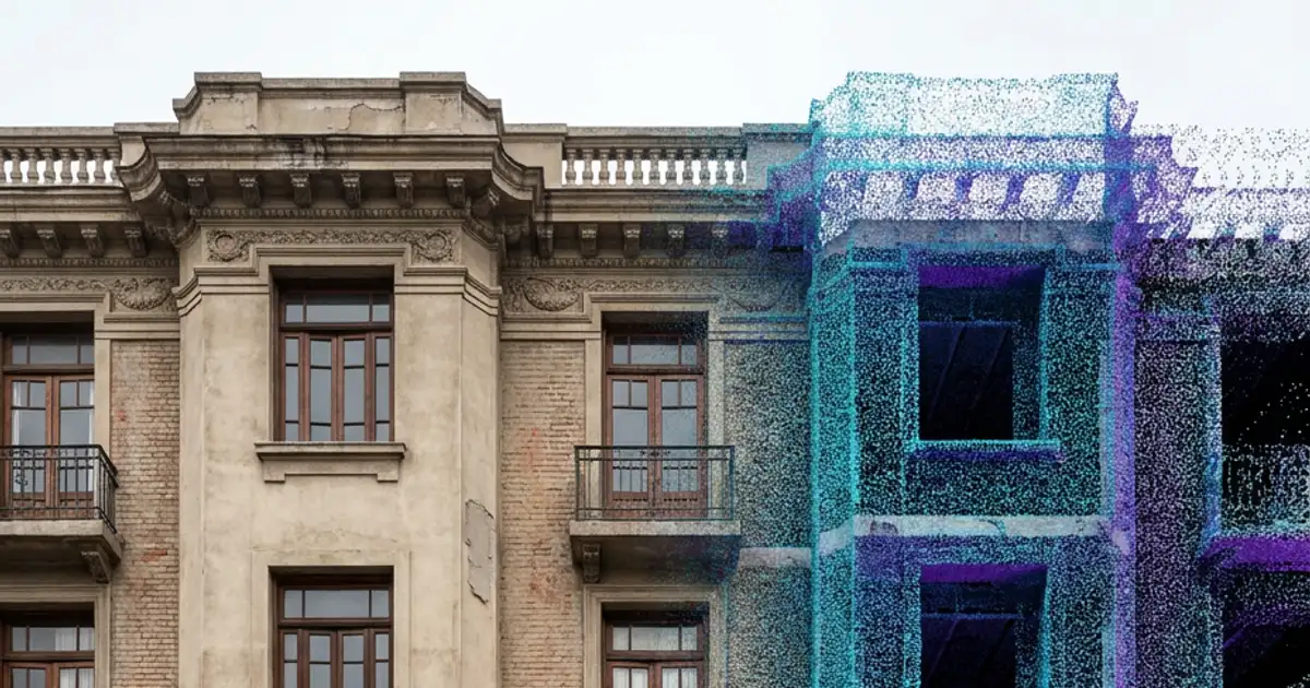 Fachada de un edificio antiguo, mitad fotografía y mitad nube de puntos