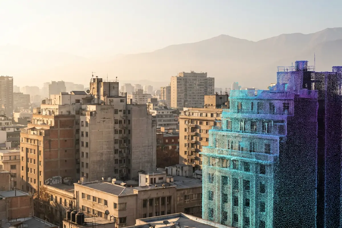 Vista de Santiago con un edificio representado como nube de puntos