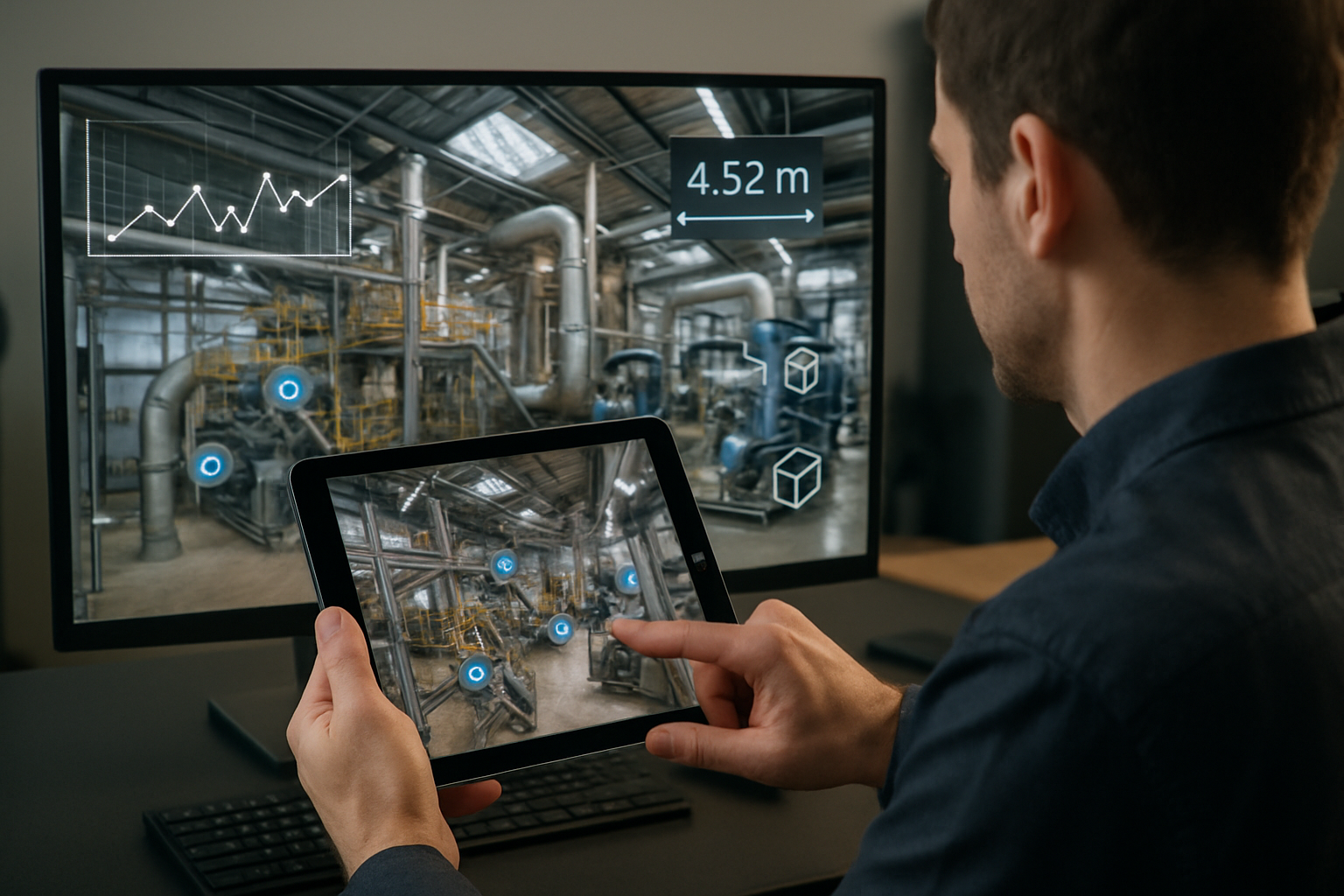 imagen sin textos que represente servicios de gemelos digitales a partir de tour virtuales inmersivas en 3D para recorrer medir y gestionar activos o espacios combinando visualizacin realista con interactividad y datos en tiempo real-1