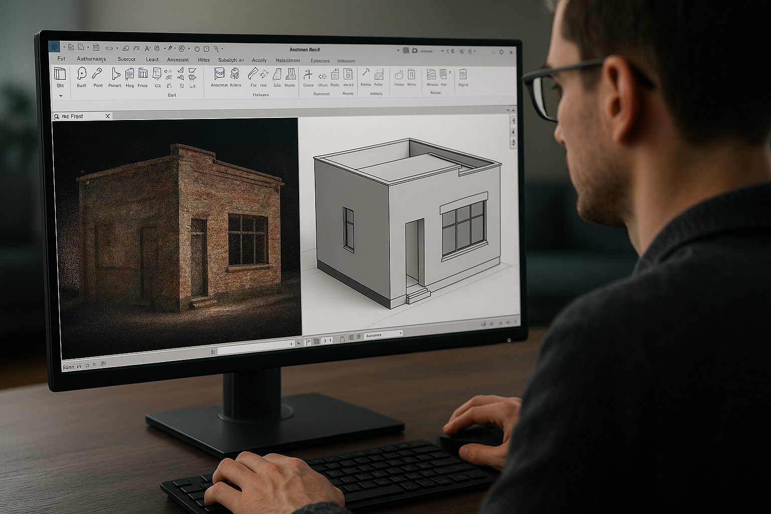 crea una imagen sin texto de una persona que esta modelando un plano en 3D en revit a partir de una nube de puntos la imagen debe ser muy realista y profesional con un ngulo para mostrar en un mockup de una pantalla