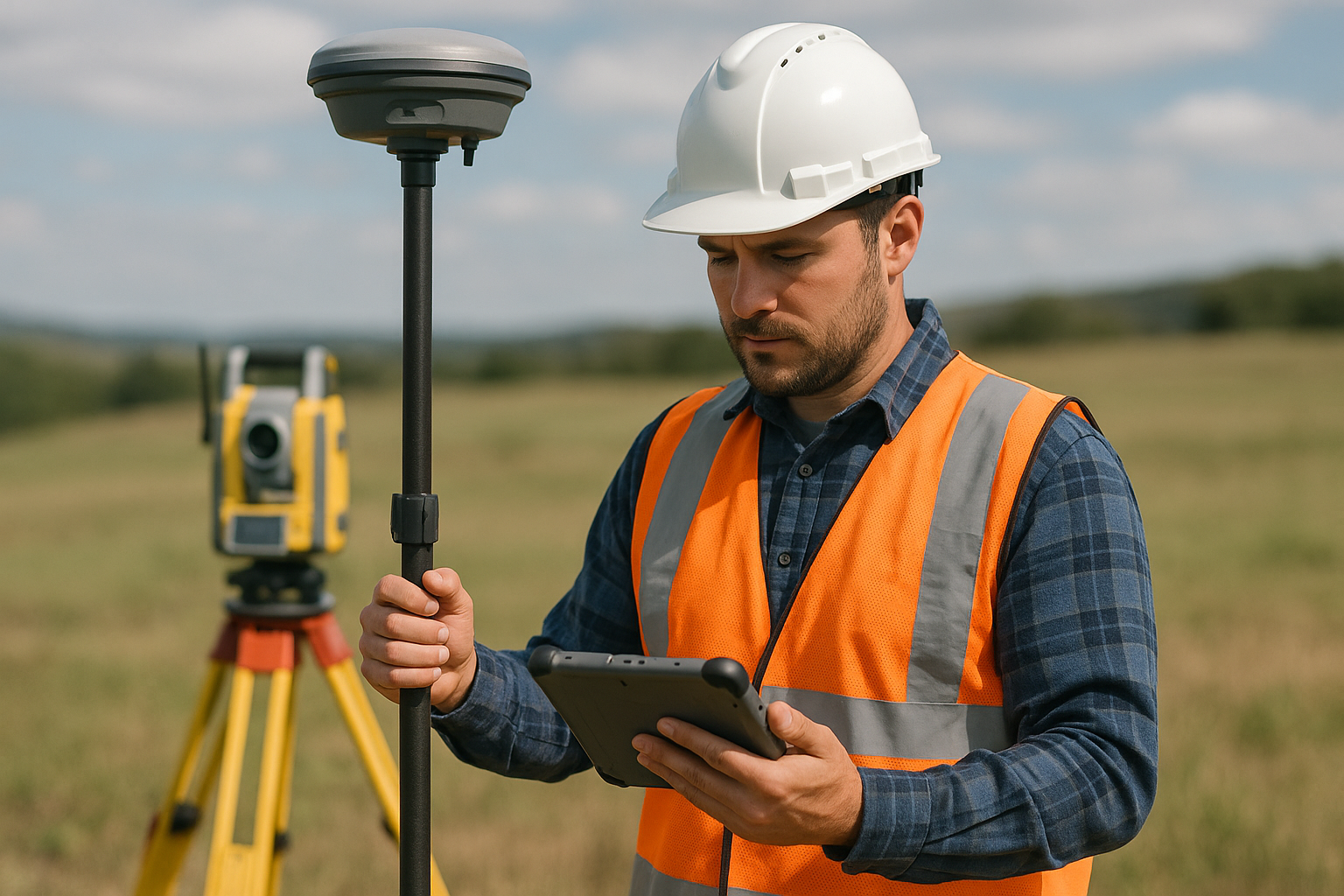 genera una imagen sin texto de persona realizando un servicio de levantamientos geodsicos en terreno con equipos de ultima tecnologia