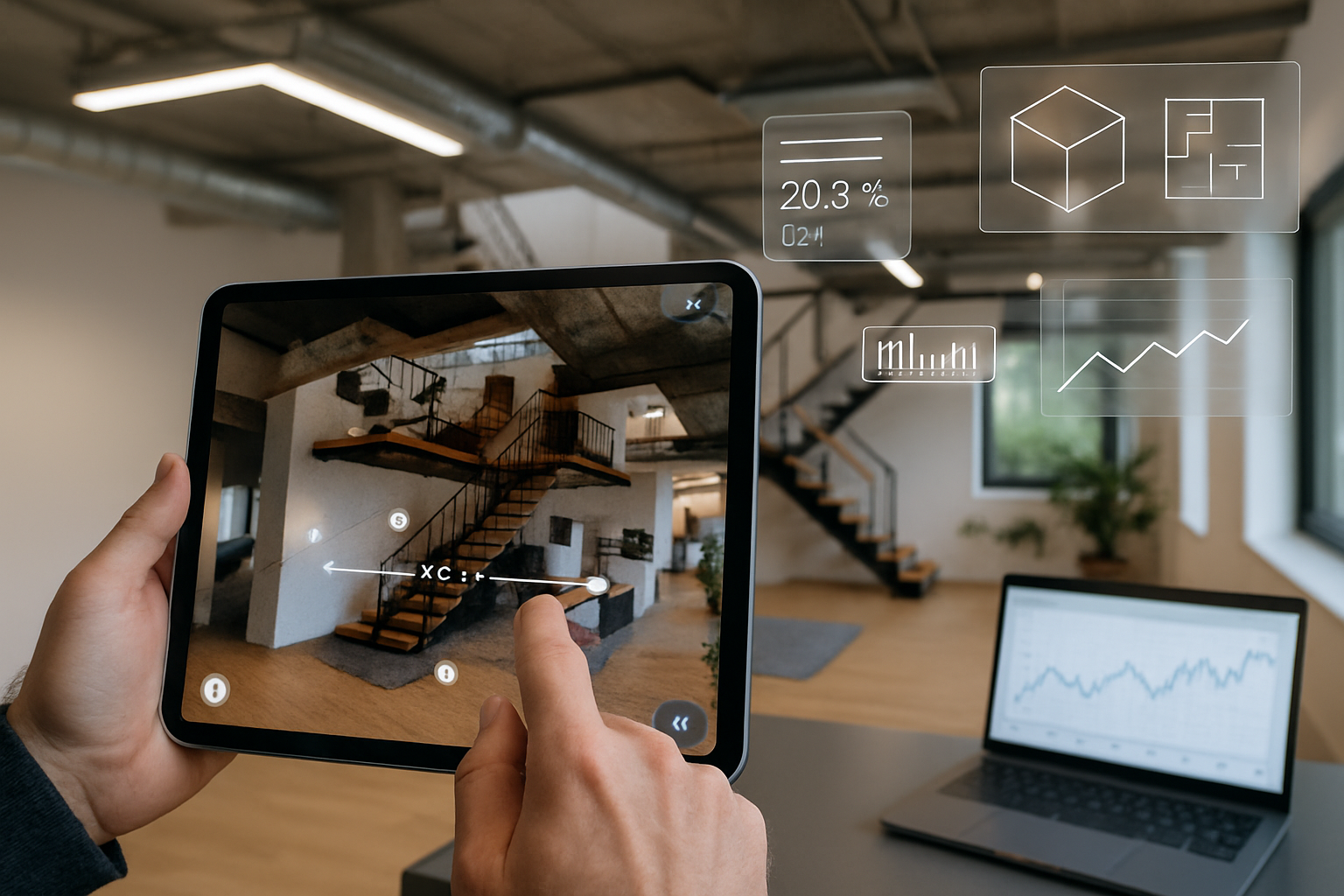 imagen sin textos que represente servicios de gemelos digitales a partir de tour virtuales inmersivas en 3D para recorrer medir y gestionar activos o espacios combinando visualizacin realista con interactividad y datos en tiempo real